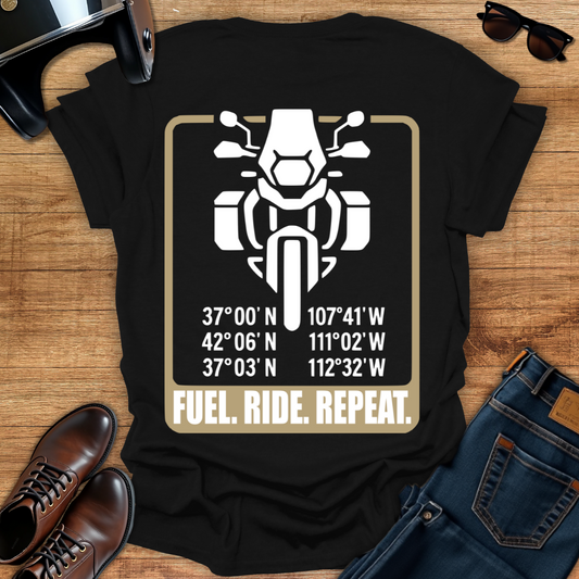 Fuel. Ride. Repeat - Back Print T-Shirt