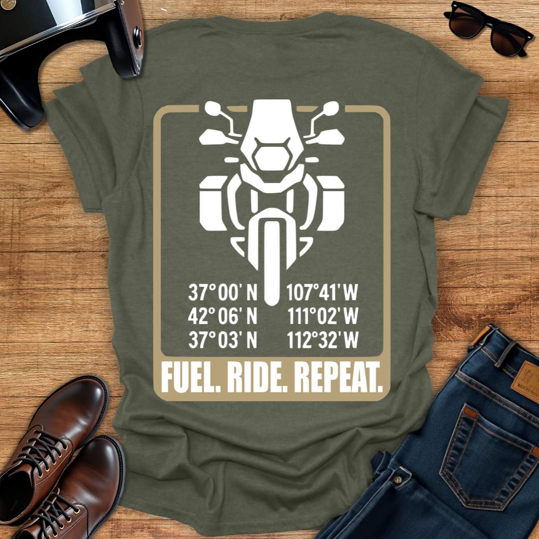 Fuel. Ride. Repeat - Back Print T-Shirt