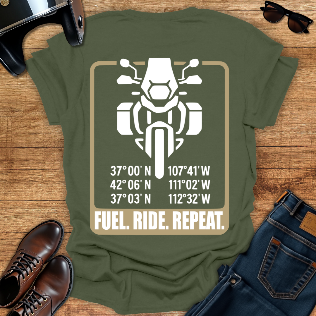Fuel. Ride. Repeat - Back Print T-Shirt