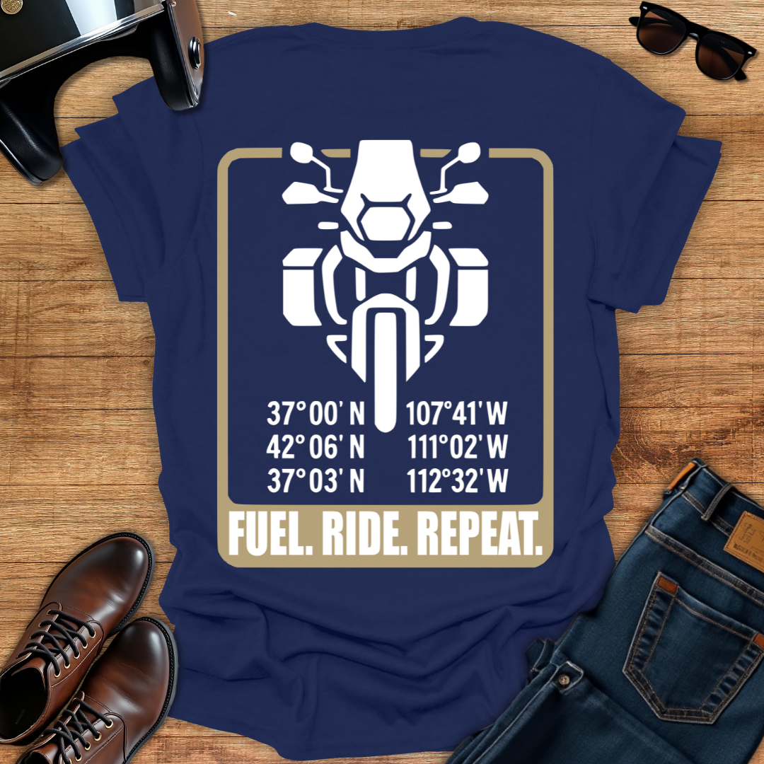Fuel. Ride. Repeat - Back Print T-Shirt
