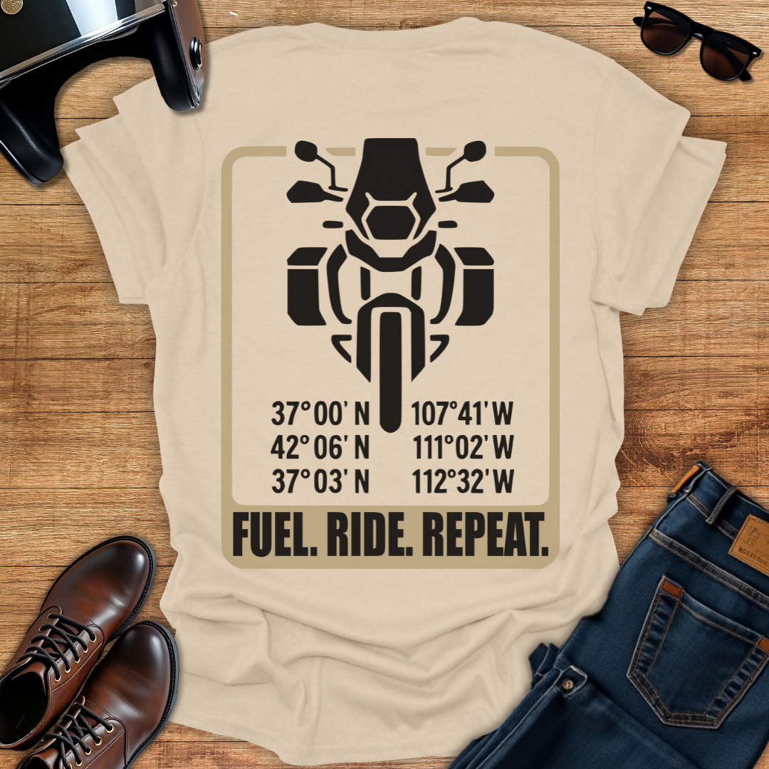 Fuel. Ride. Repeat - Back Print T-Shirt