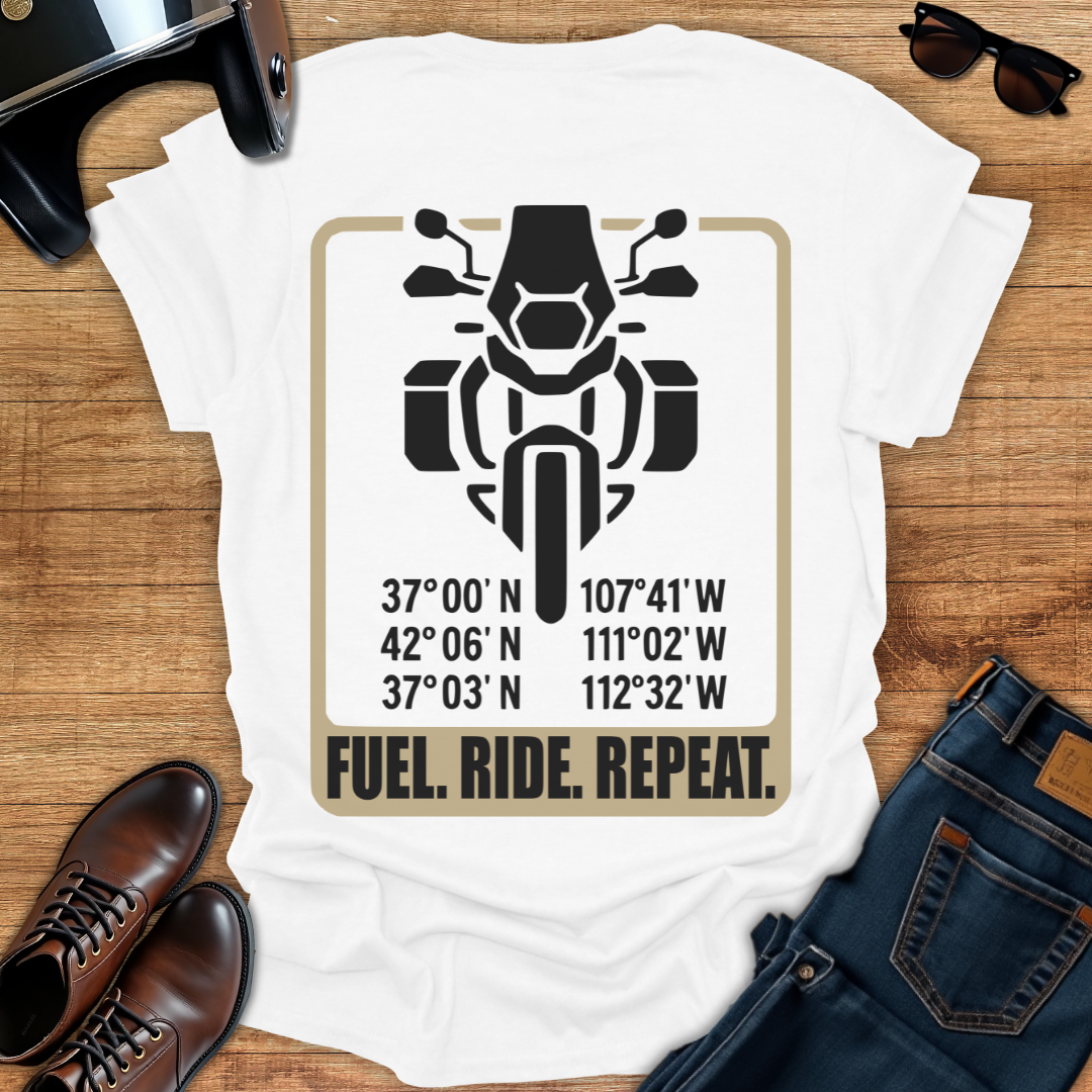 Fuel. Ride. Repeat - Back Print T-Shirt